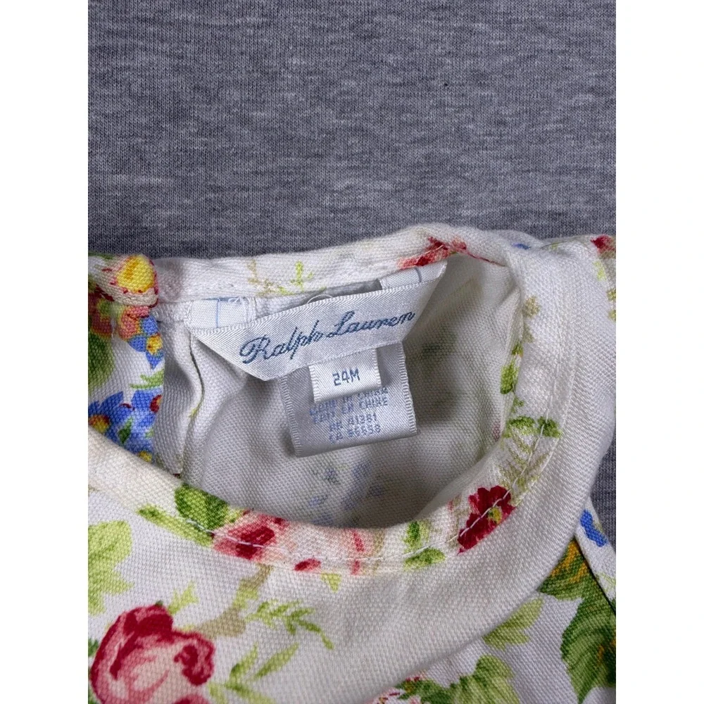 Ralph Lauren Dress Girls 24M White Floral Print Sleeveless Cotton Button Back